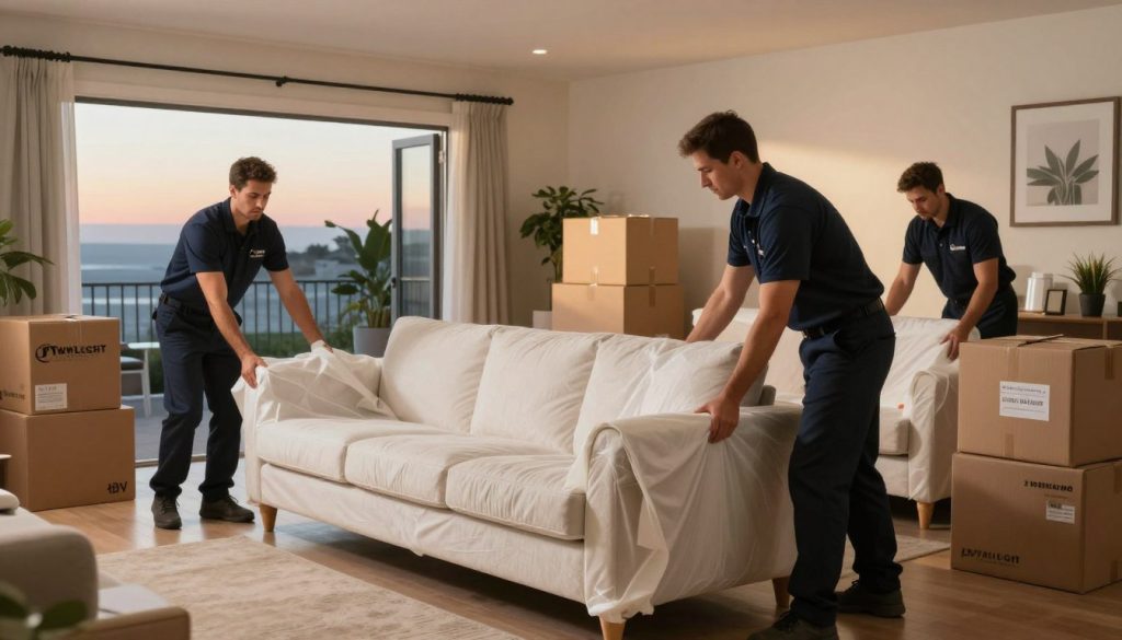 A professional moving team from Twilight Movers is carefully handling and protecting furniture in a well-lit, spacious living room setting. In the foreground, two movers in smart, branded uniforms are expertly wrapping a large sofa in moving blankets, demonstrating attention to detail and care. The middle ground features a variety of packed boxes labeled for easy identification, showcasing a busy but organized moving environment. In the background, a doorway leads to an outdoor scene of Long Beach, with soft twilight hues illuminating the sky. The atmosphere feels diligent and reassuring, emphasizing professionalism and reliability in furniture protection and handling protocols. The lighting is warm and inviting, capturing the essence of a smooth moving experience without distractions such as text or logos.