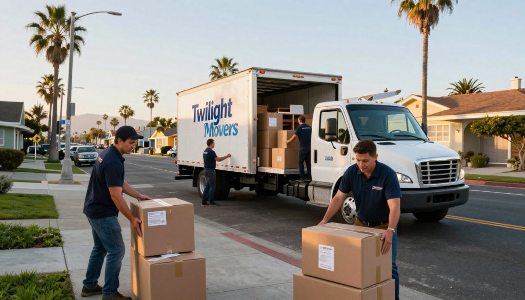 A vibrant scene depicting a professional moving company, "Twilight Movers," actively preparing for a move in Long Beach, California. In the foreground, two movers in professional attire are carefully packing boxes labeled with household items, showcasing teamwork and efficiency. In the middle ground, a shiny moving truck branded with the "Twilight Movers" logo is parked, filled with more boxes and furniture, while another mover is directing the process. The background features a sunny Long Beach street with palm trees and colorful houses, creating a relaxed yet industrious atmosphere. The lighting is warm and bright, capturing the golden hour of late afternoon. The composition is shot with a wide-angle lens to emphasize the action and involvement of the moving team, evoking a sense of optimism and organization perfect for planning a successful move.